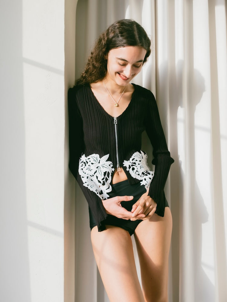 Lace Hem Zip Cardigan｜裾レースデザインジップカーディガン – MARTE