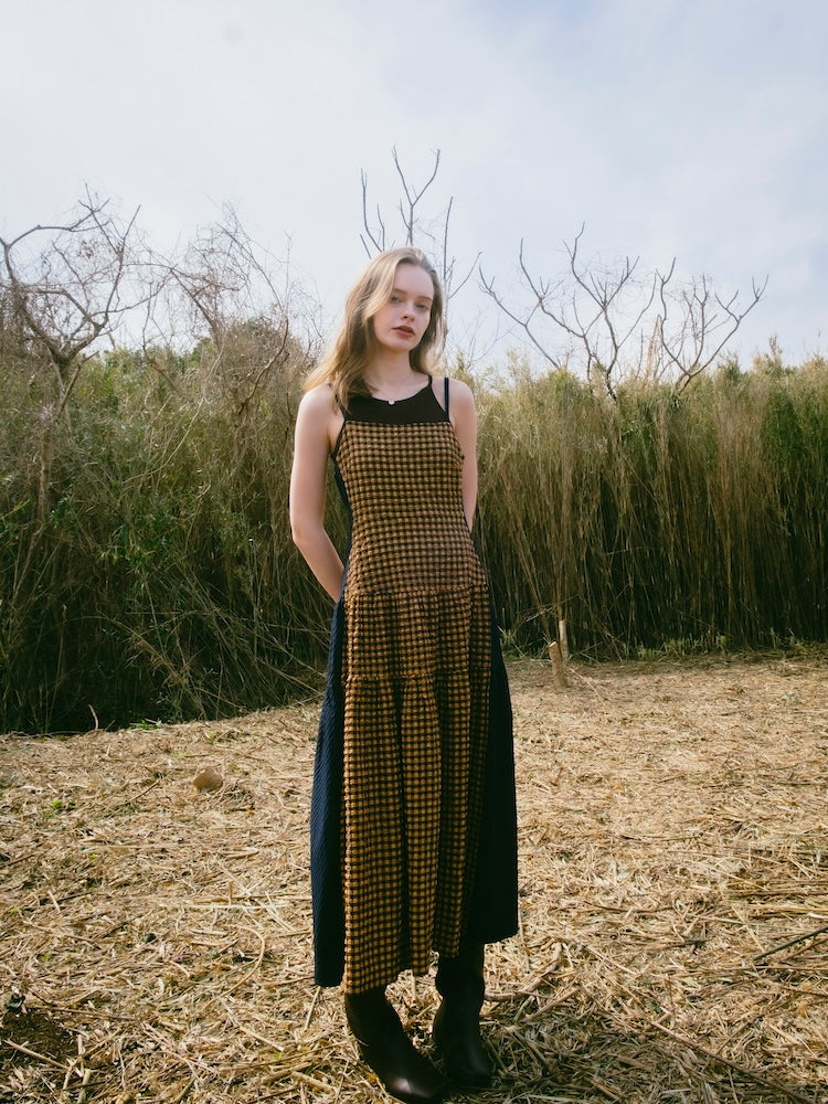 Bi-color Paneled Check Dress｜バイカラー切り替えチェック柄