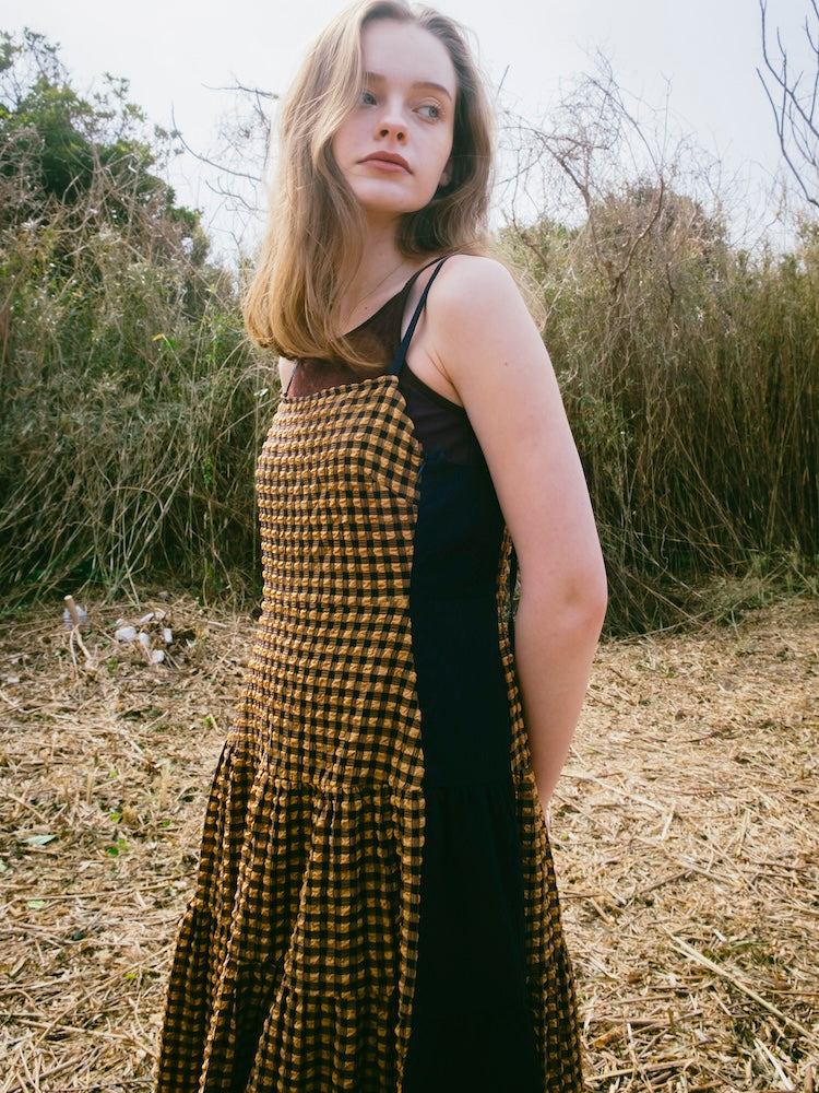 Bi-color Paneled Check Dress｜バイカラー切り替えチェック柄