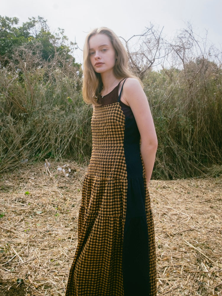 Bi-color Paneled Check Dress｜バイカラー切り替えチェック柄