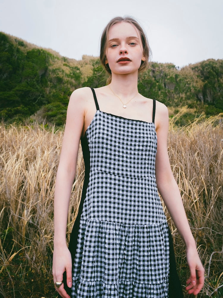 Bi-color Paneled Check Dress｜バイカラー切り替えチェック柄