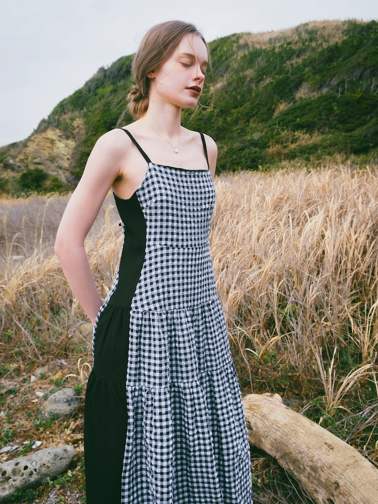 Bi-color Paneled Check Dress｜バイカラー切り替えチェック柄
