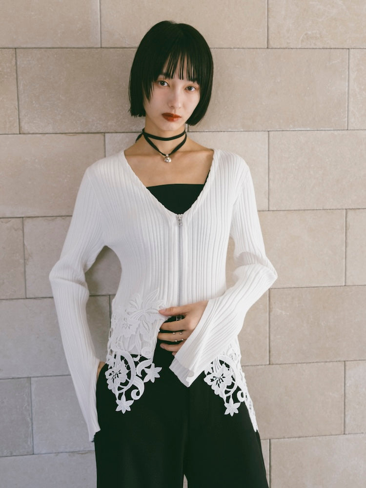 Lace Hem Zip Cardigan｜裾レースデザインジップカーディガン – MARTE