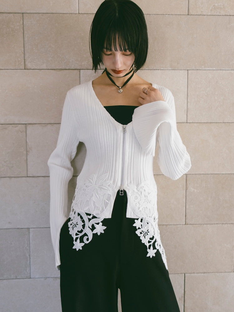 Lace Hem Zip Cardigan｜裾レースデザインジップカーディガン – MARTE