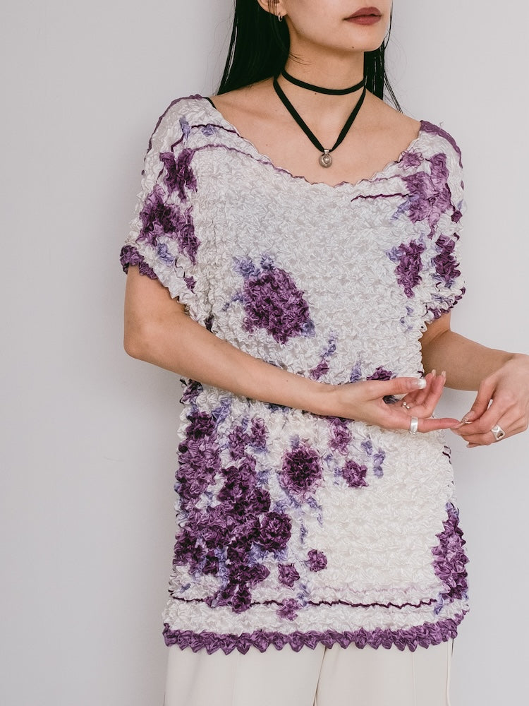 90s Popcorn Top / Purple Flower