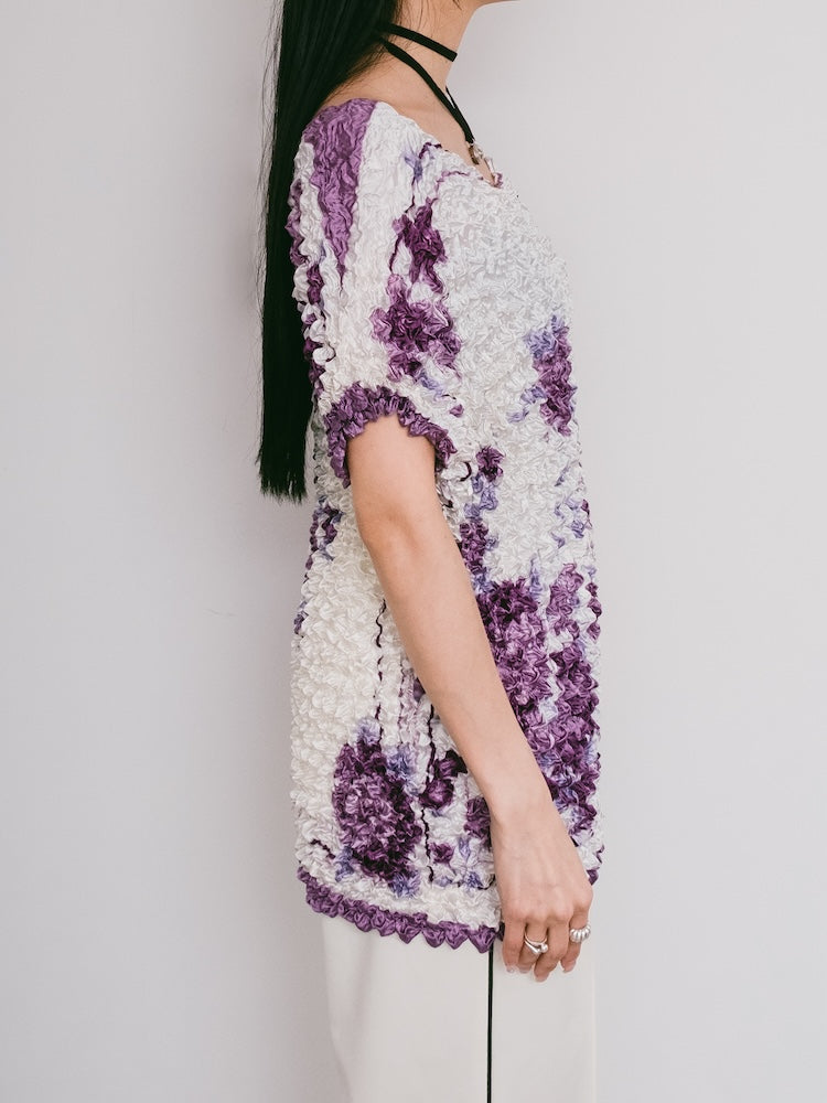 90s Popcorn Top / Purple Flower