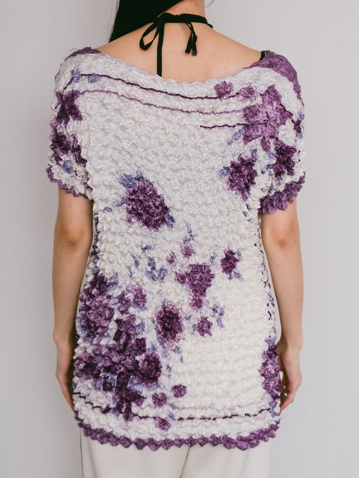 90s Popcorn Top / Purple Flower