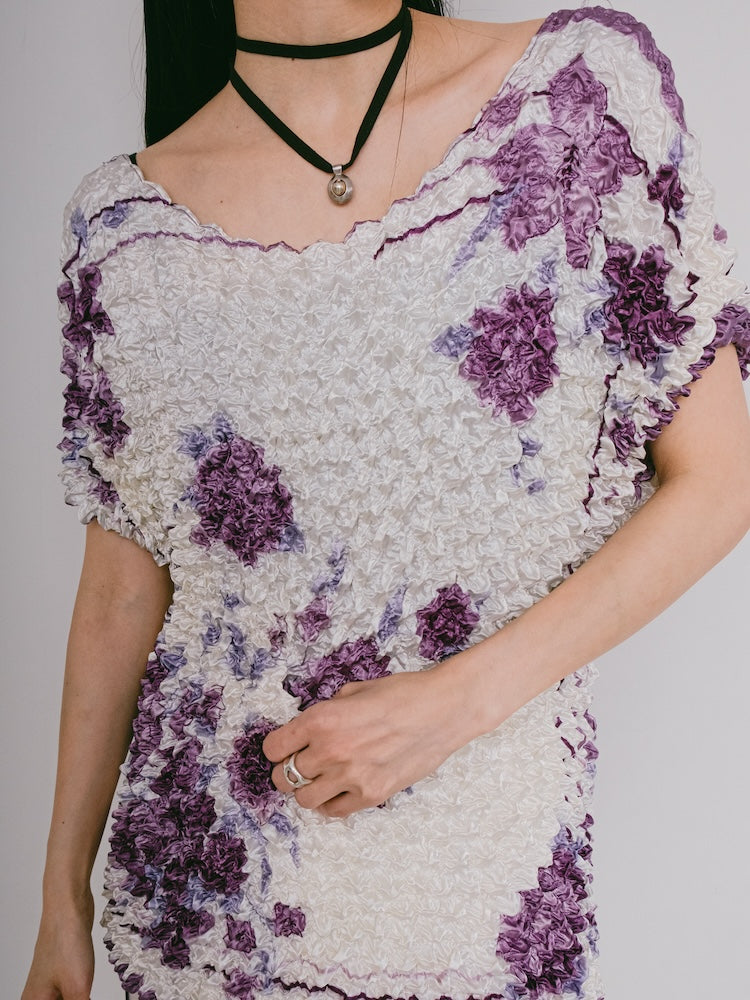 90s Popcorn Top / Purple Flower