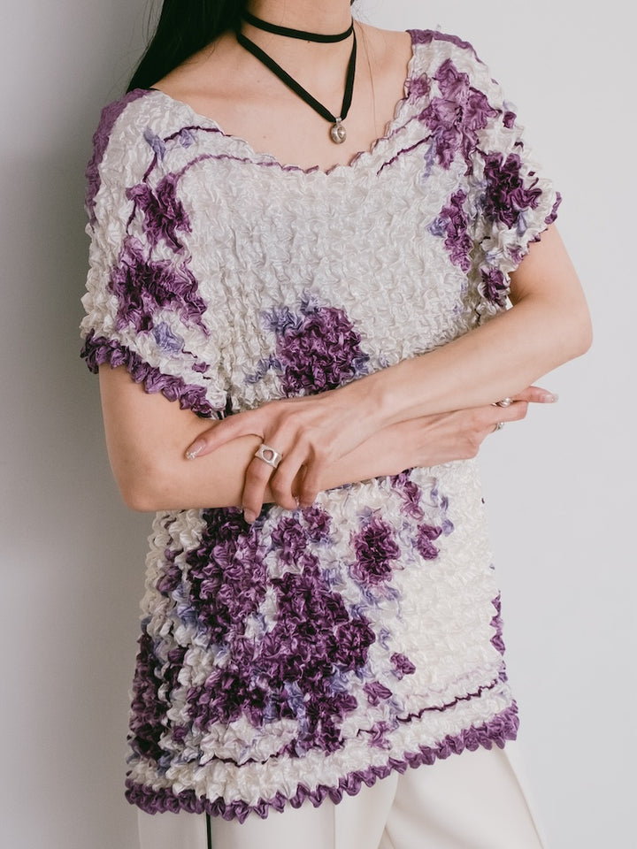 90s Popcorn Top / Purple Flower