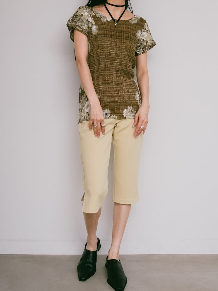 90s Khaki Pleats Flower Top