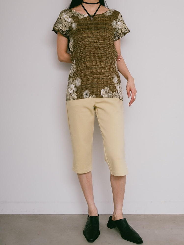 90s Khaki Pleats Flower Top