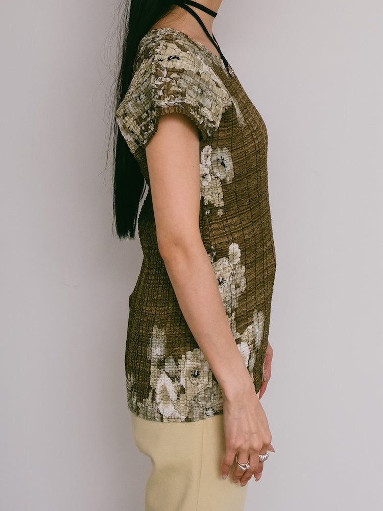 90s Khaki Pleats Flower Top