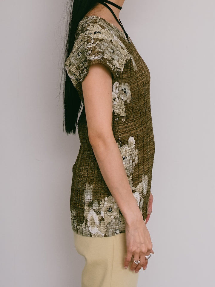 90s Khaki Pleats Flower Top