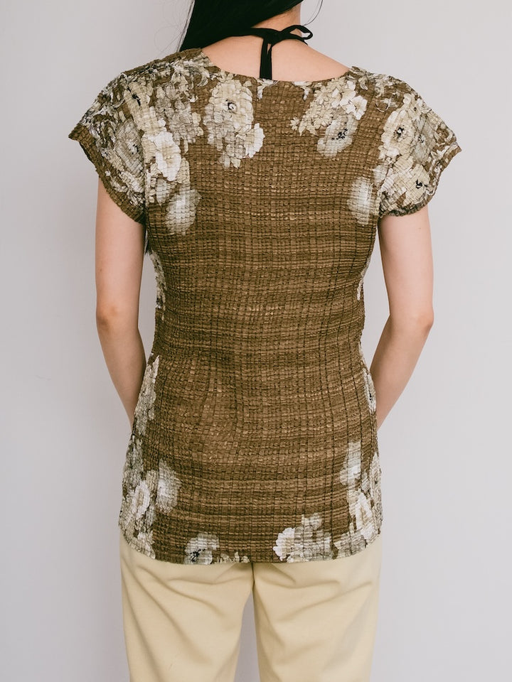 90s Khaki Pleats Flower Top