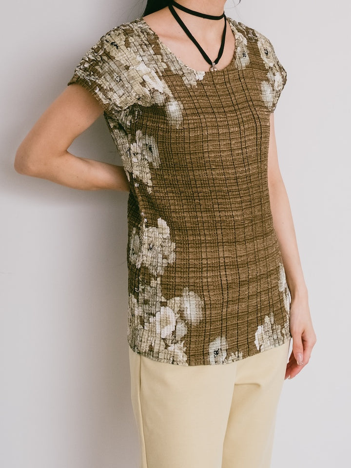 90s Khaki Pleats Flower Top