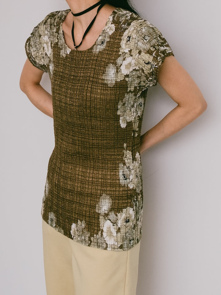 90s Khaki Pleats Flower Top