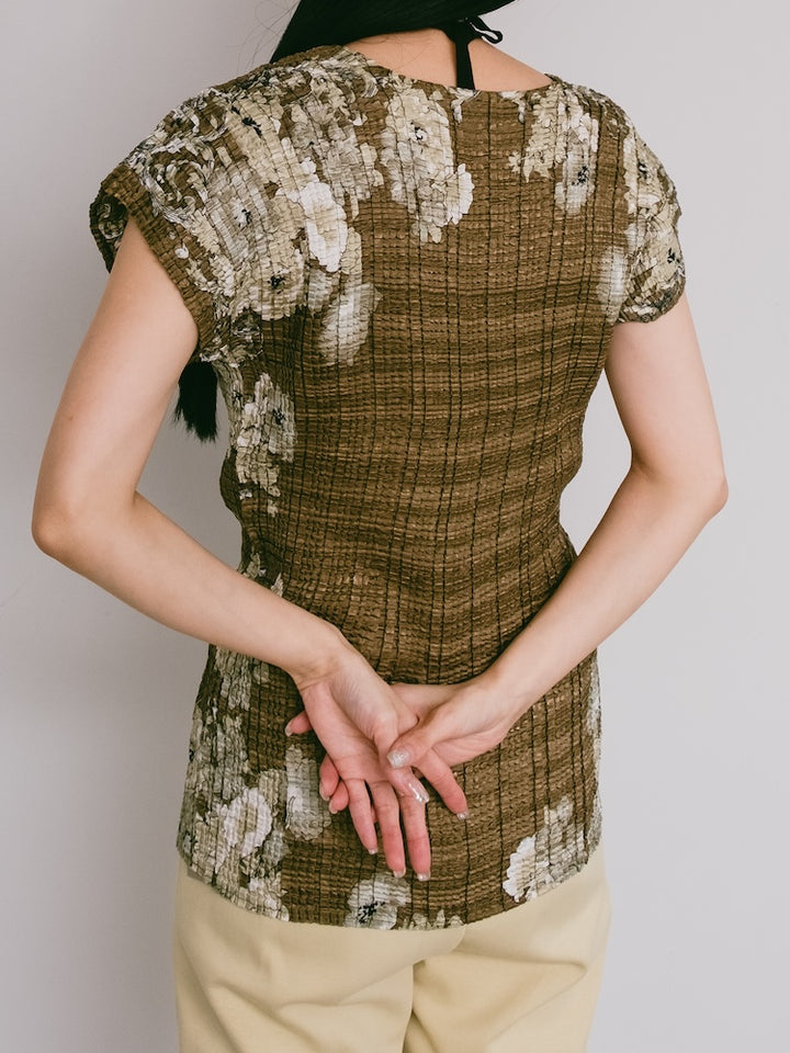 90s Khaki Pleats Flower Top