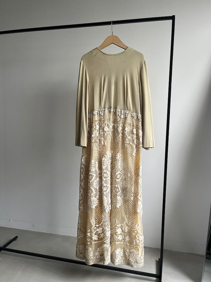 70s Lace Docking Beige Dress