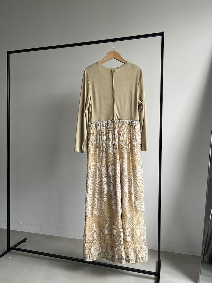 70s Lace Docking Beige Dress