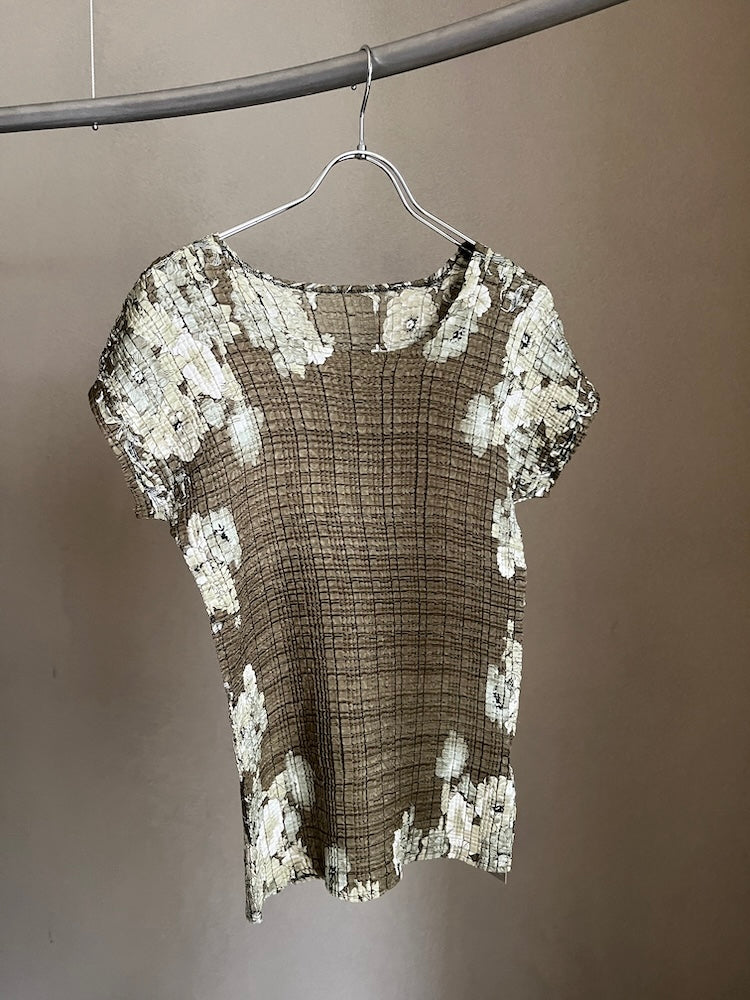 90s Khaki Pleats Flower Top