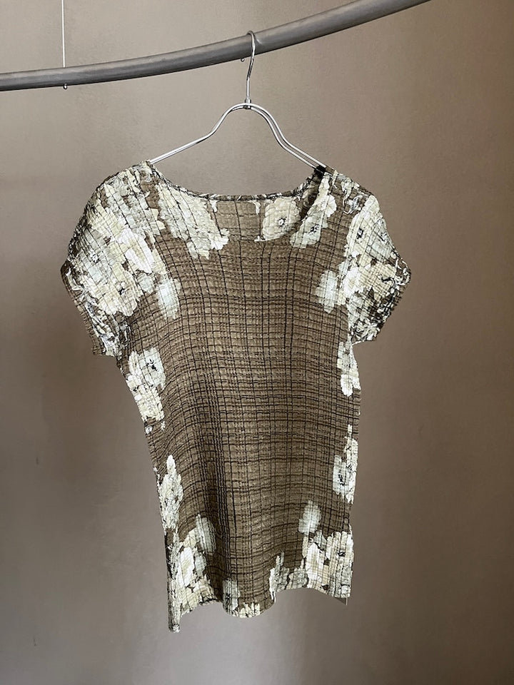 90s Khaki Pleats Flower Top