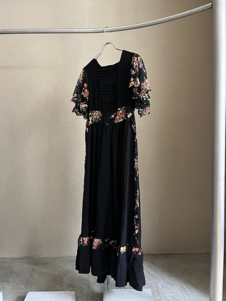 70s Frill Sleeves Black Dress