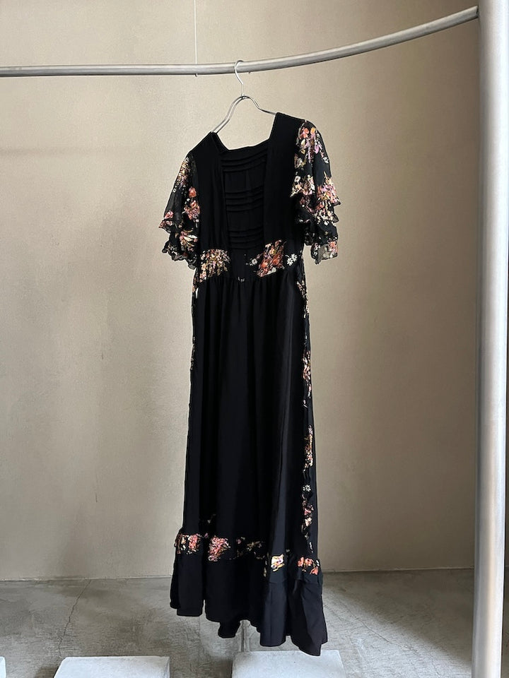 70s Frill Sleeves Black Dress