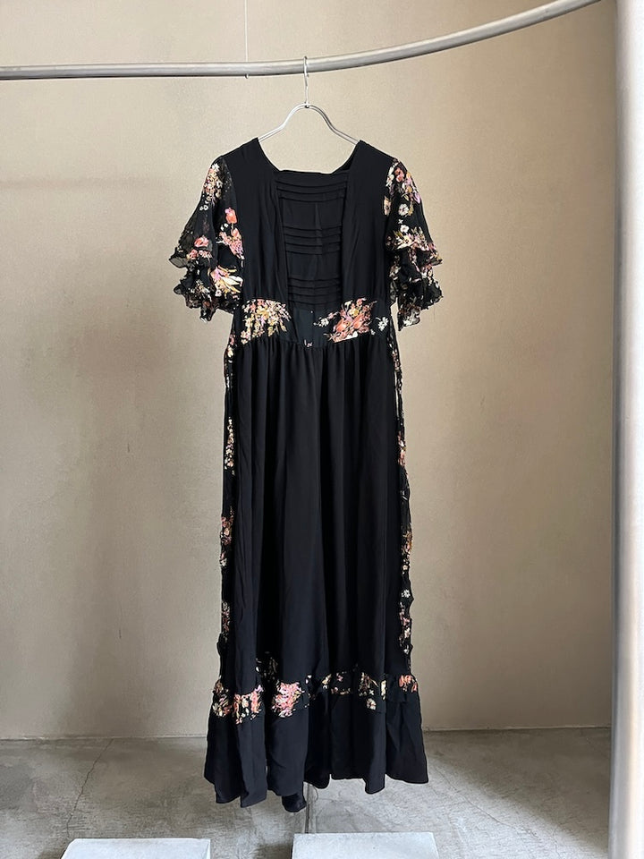70s Frill Sleeves Black Dress
