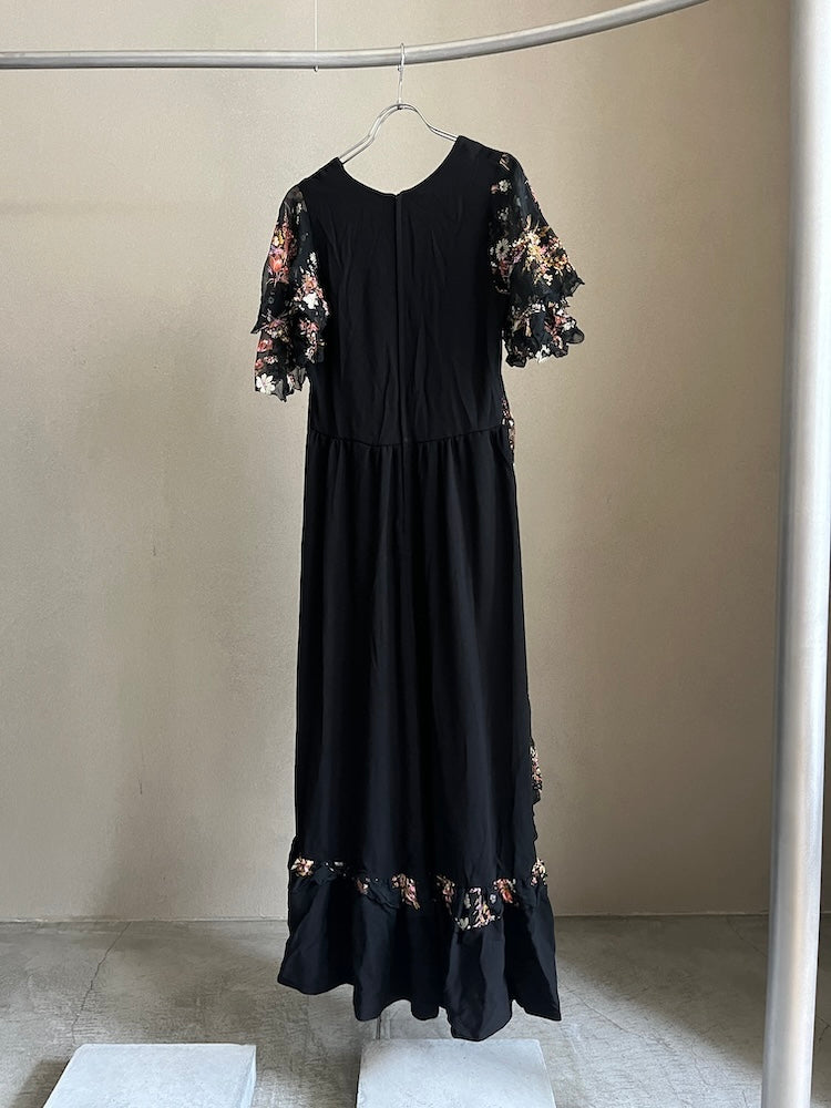 70s Frill Sleeves Black Dress