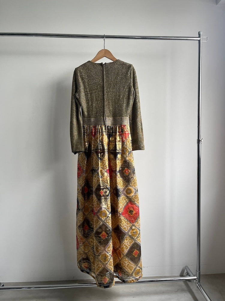 70s Jacquard Gold Lame Dress