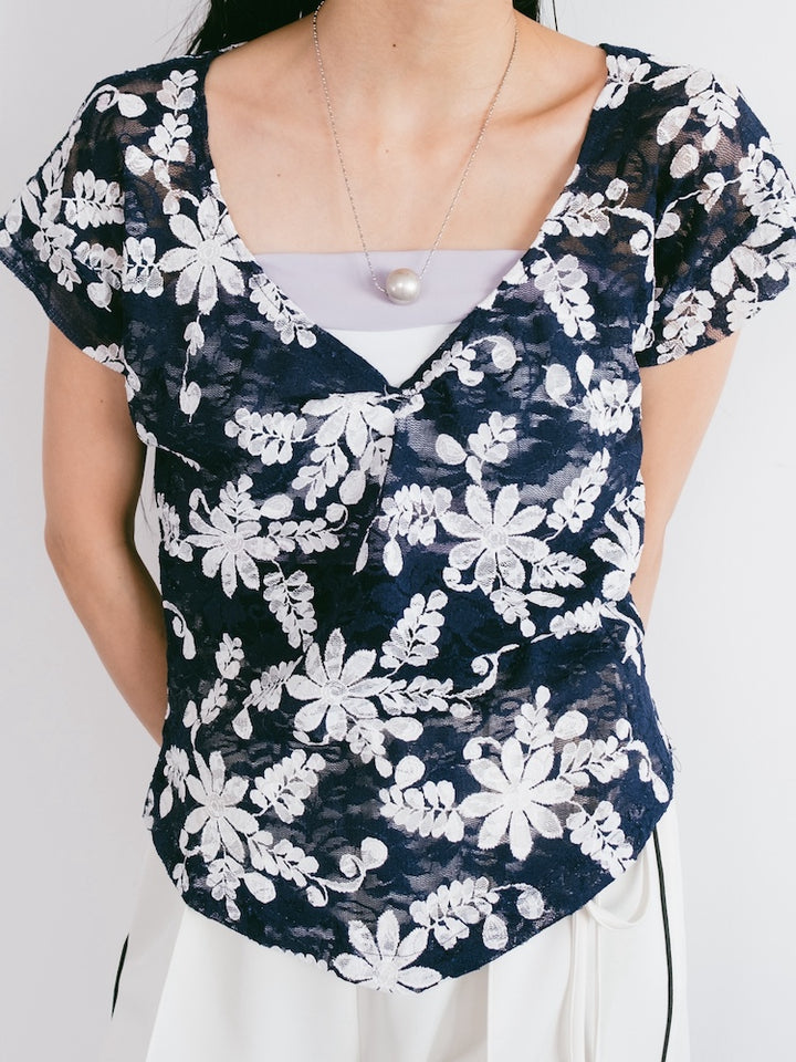 V neck Flower Lace Top