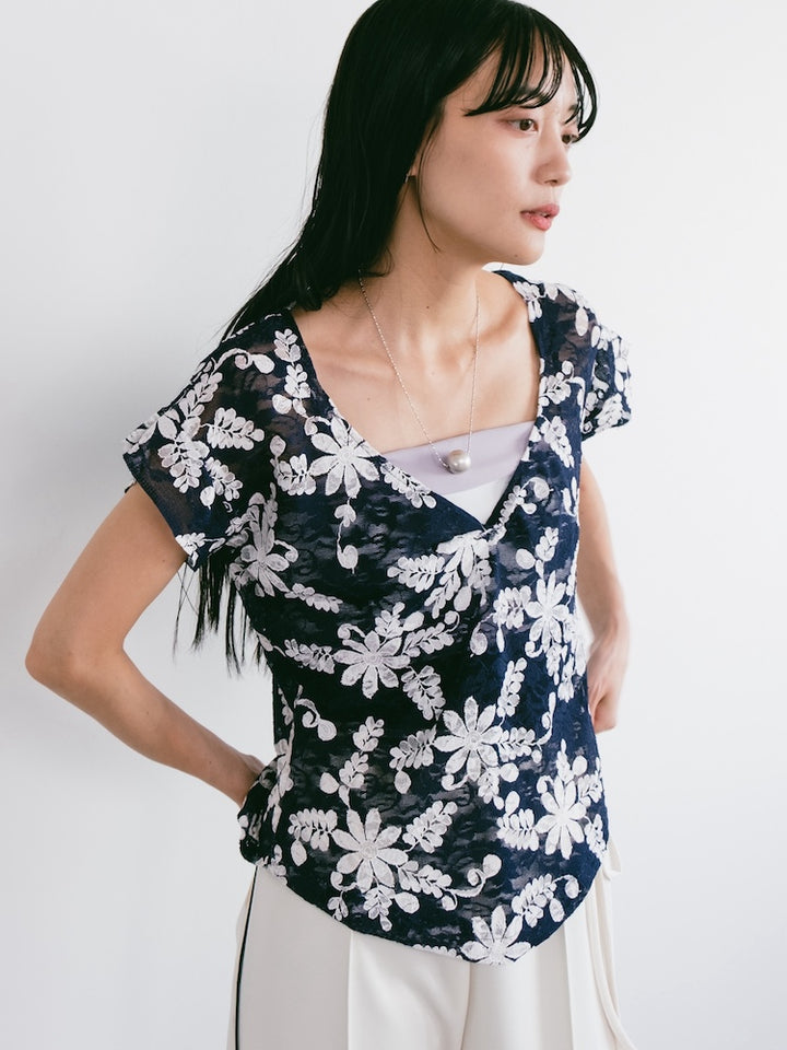 V neck Flower Lace Top