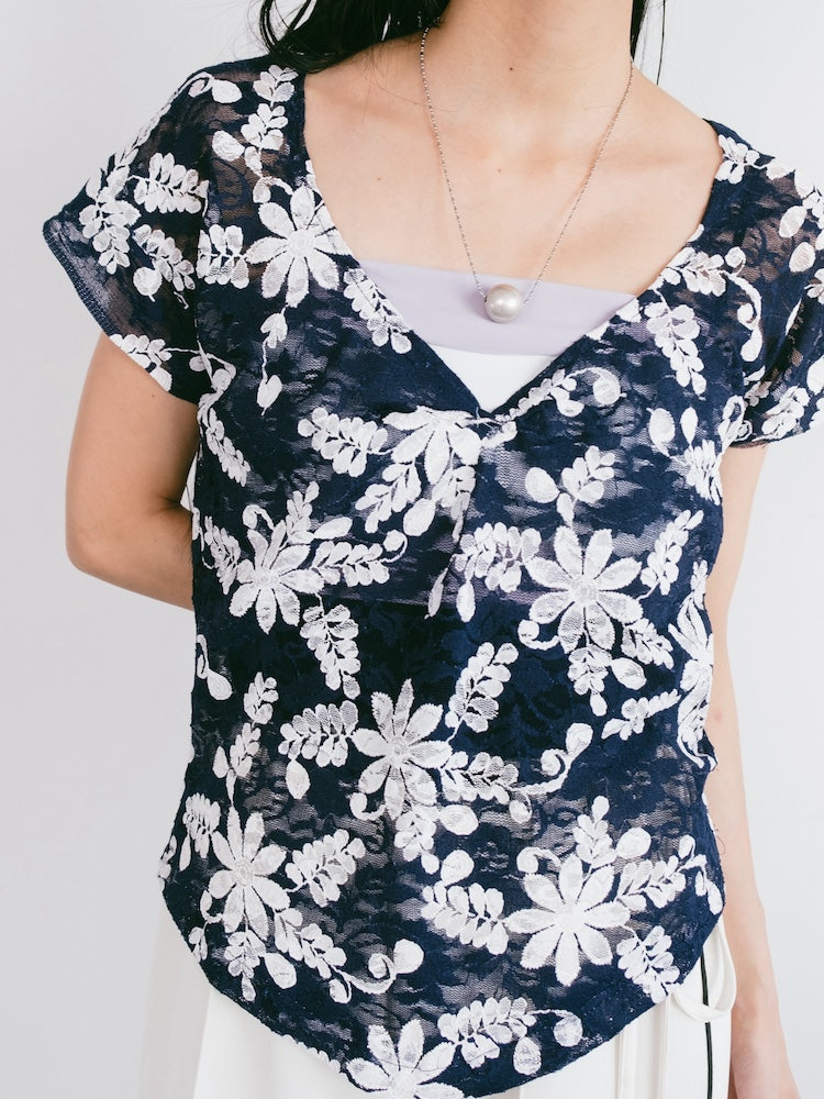 V neck Flower Lace Top