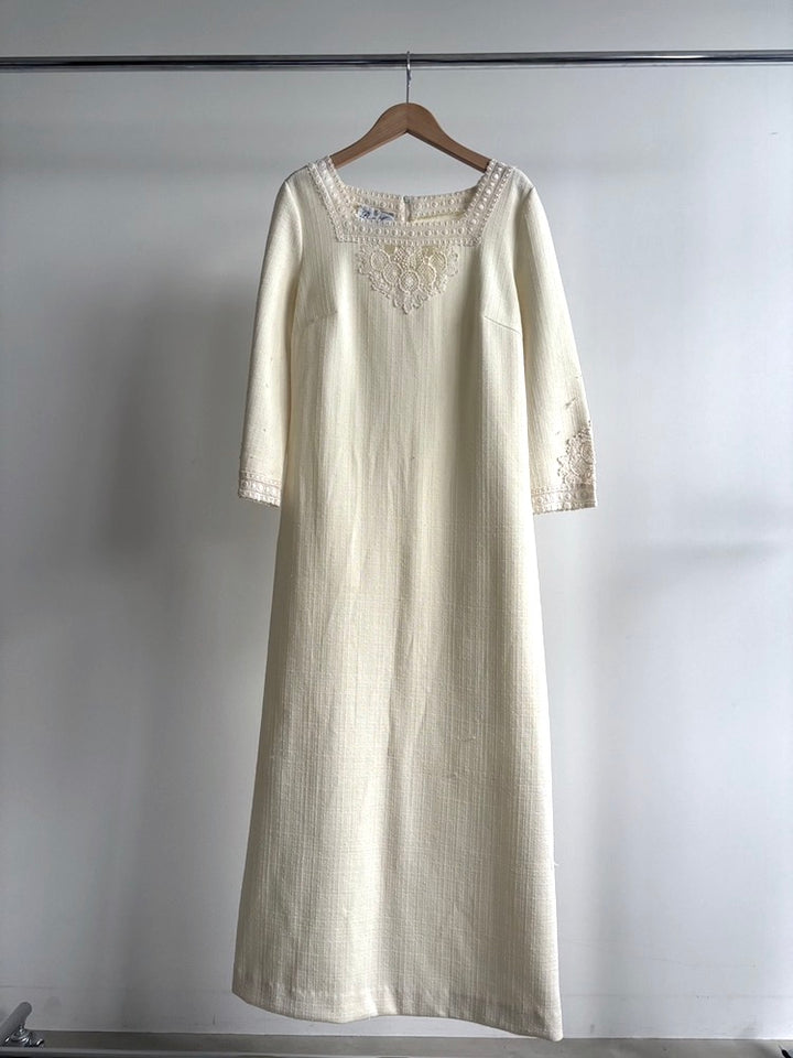 70s Polyester Cream Dress