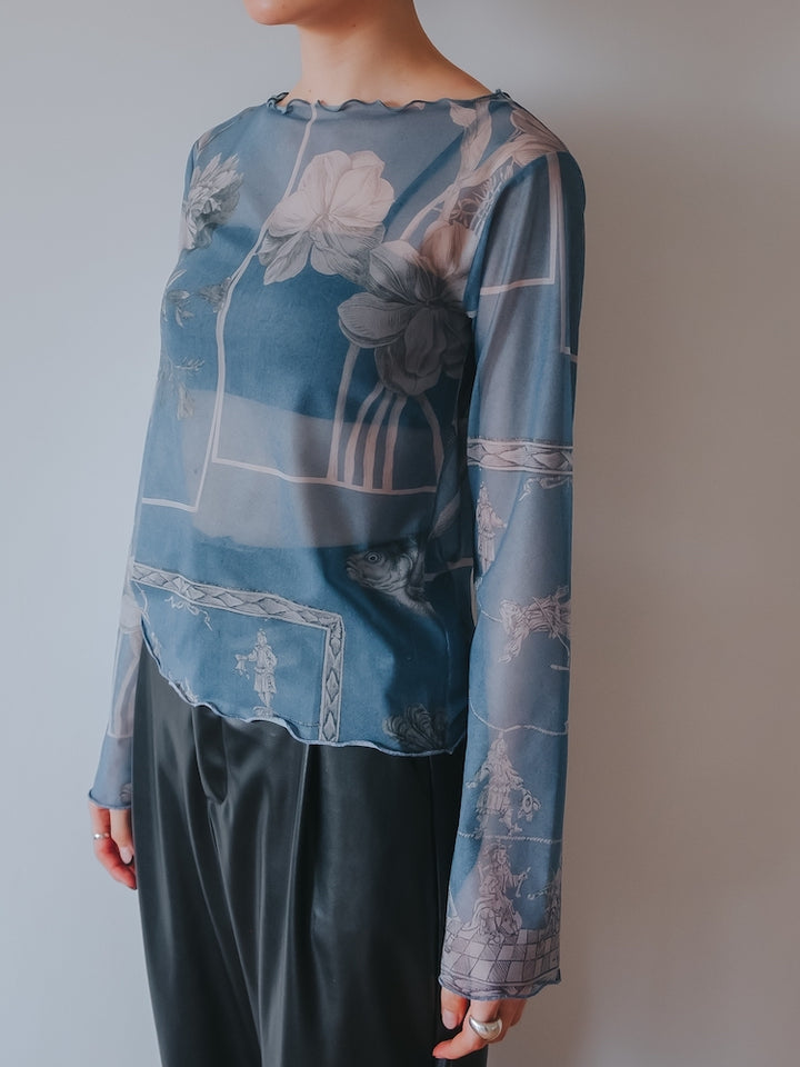 Sheer Top / 13Flower Collage-Blue