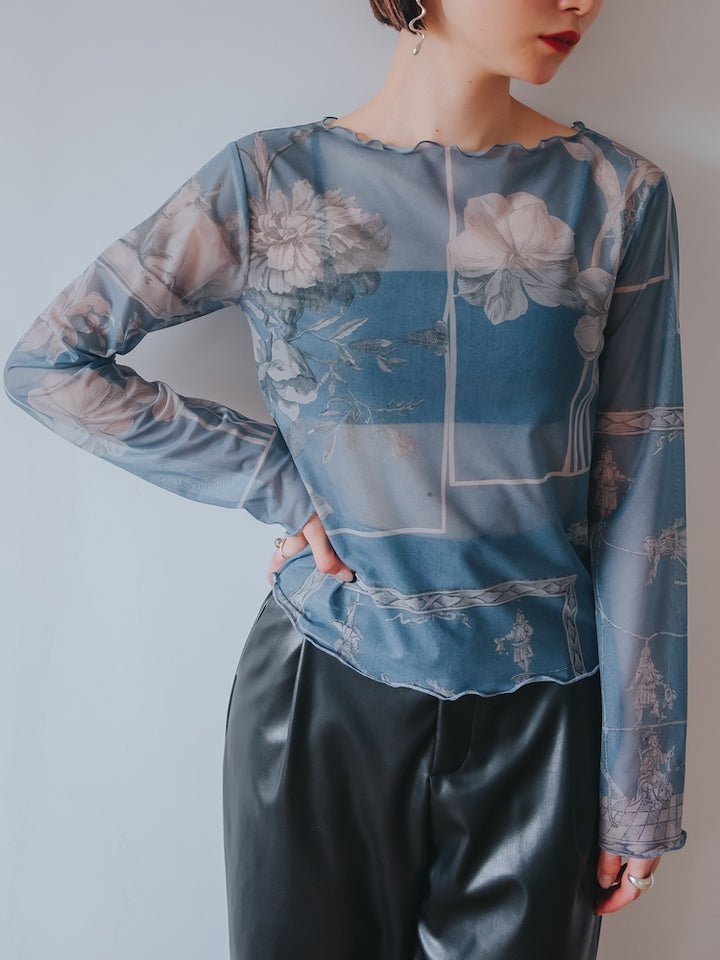 Sheer Top / 13Flower Collage-Blue