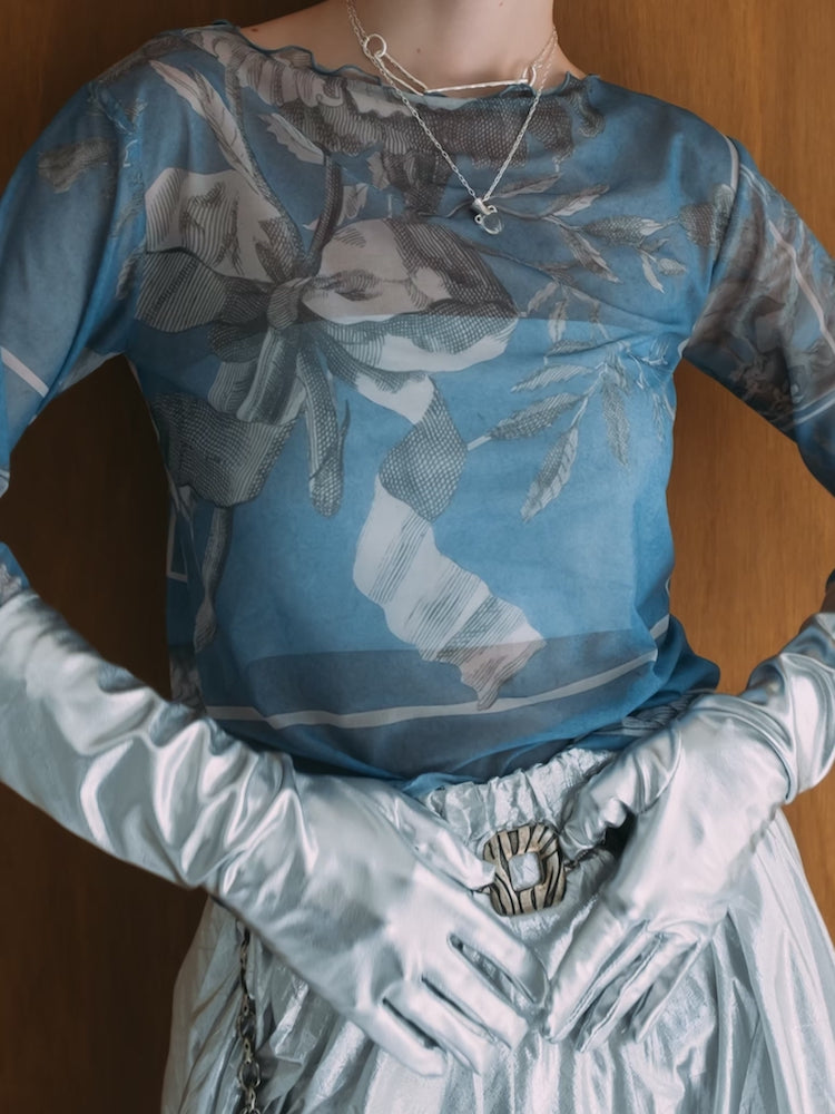カットソー(長袖+七分) Marte - Marte Sahara Sheer Top Flower Collage Sheer Top / 13Flower Collage-Blue – MARTE