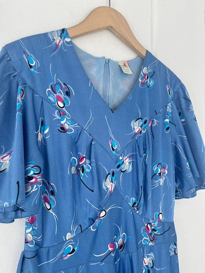 70s Polyester Blue Pleats Dress