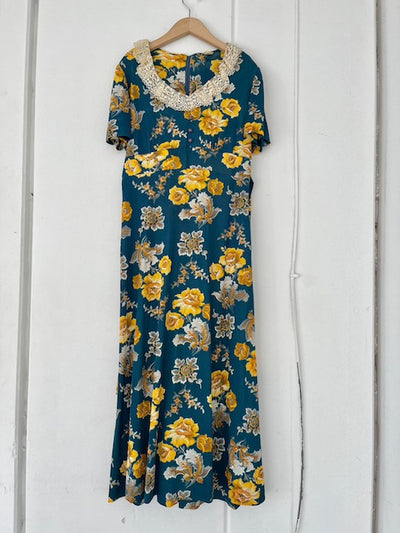 70s Turquoise Yellow Flower Dress