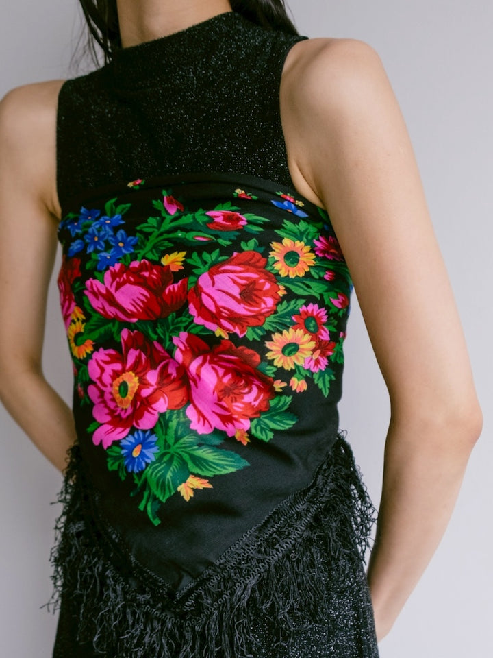 Vintage Scarf / Black Flower