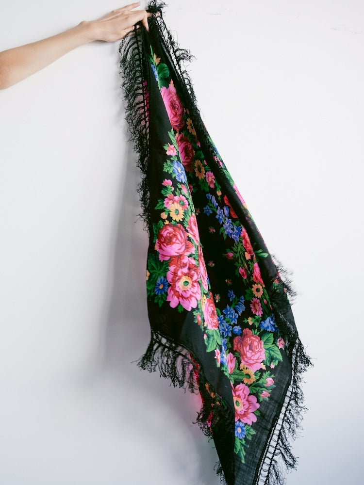 Vintage Scarf / Black Flower