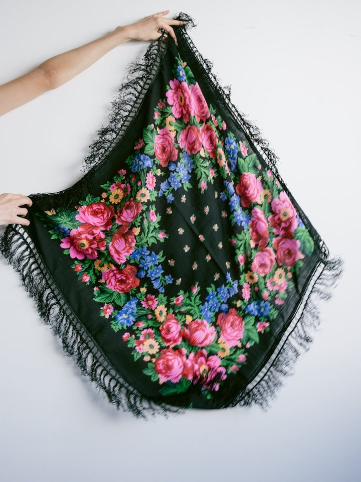 Vintage Scarf / Black Flower