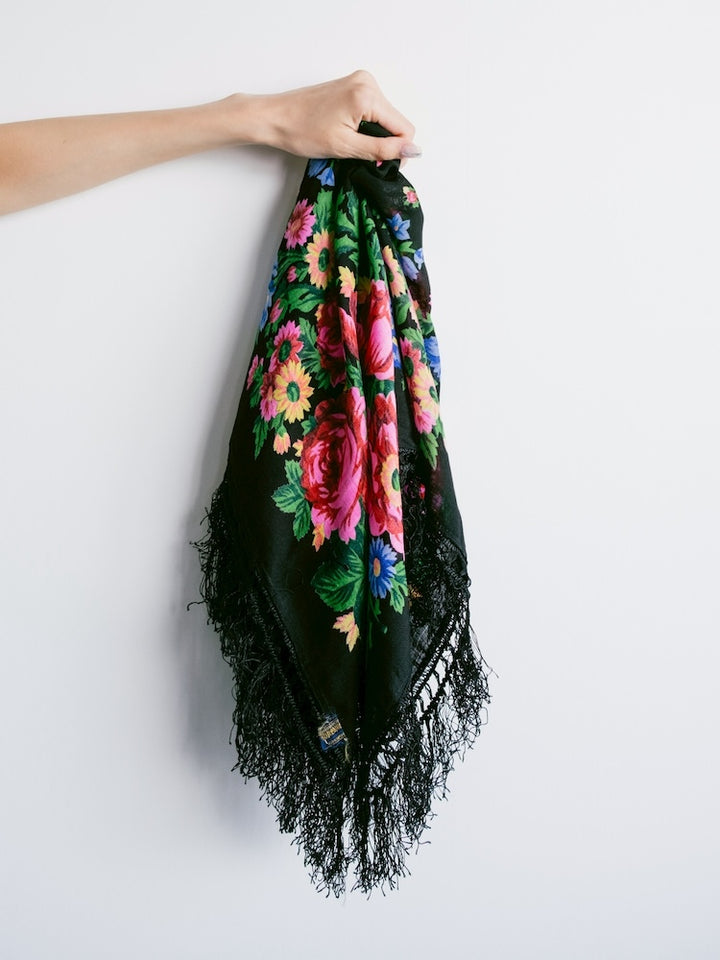 Vintage Scarf / Black Flower